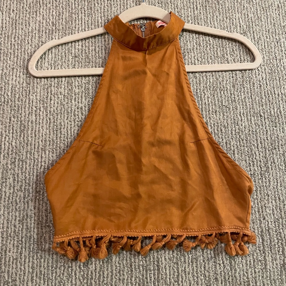Solaris Style burnt orange high neck crop top with tassels